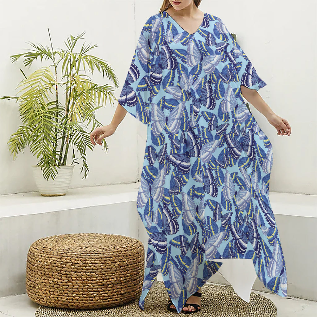 Blue Spring Butterfly Pattern Print Silk V-Neck Kaftan Dress