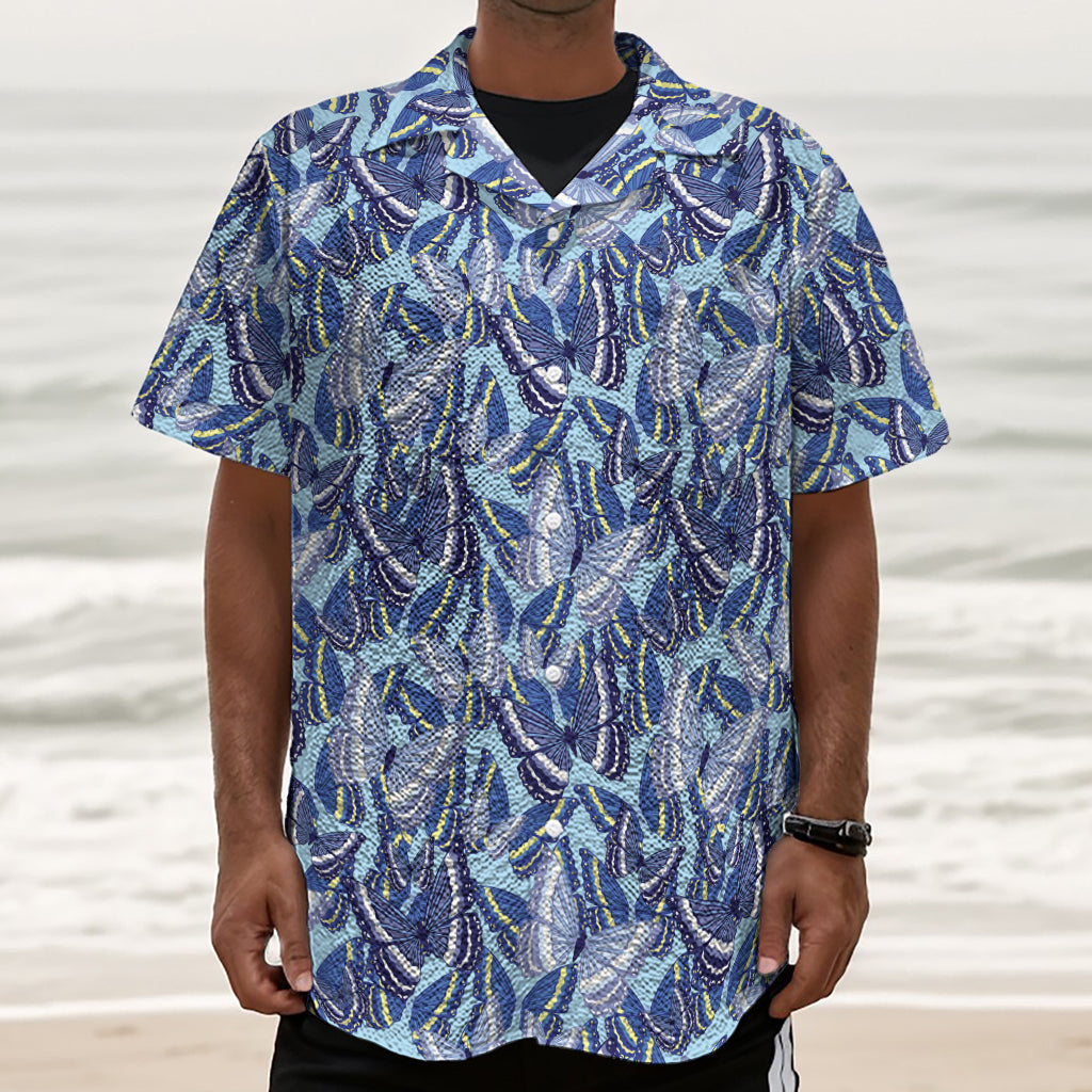 Blue Spring Butterfly Pattern Print Textured Short Sleeve Shirt