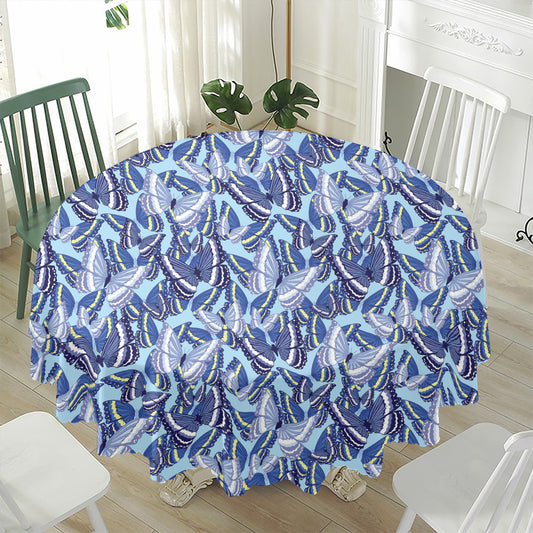 Blue Spring Butterfly Pattern Print Waterproof Round Tablecloth