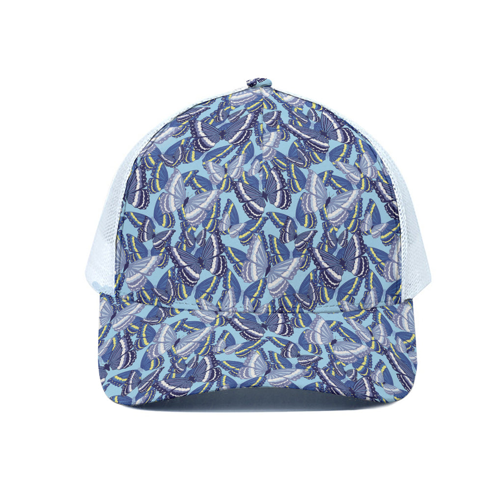 Blue Spring Butterfly Pattern Print White Mesh Trucker Cap