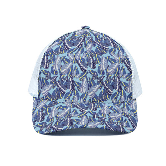 Blue Spring Butterfly Pattern Print White Mesh Trucker Cap