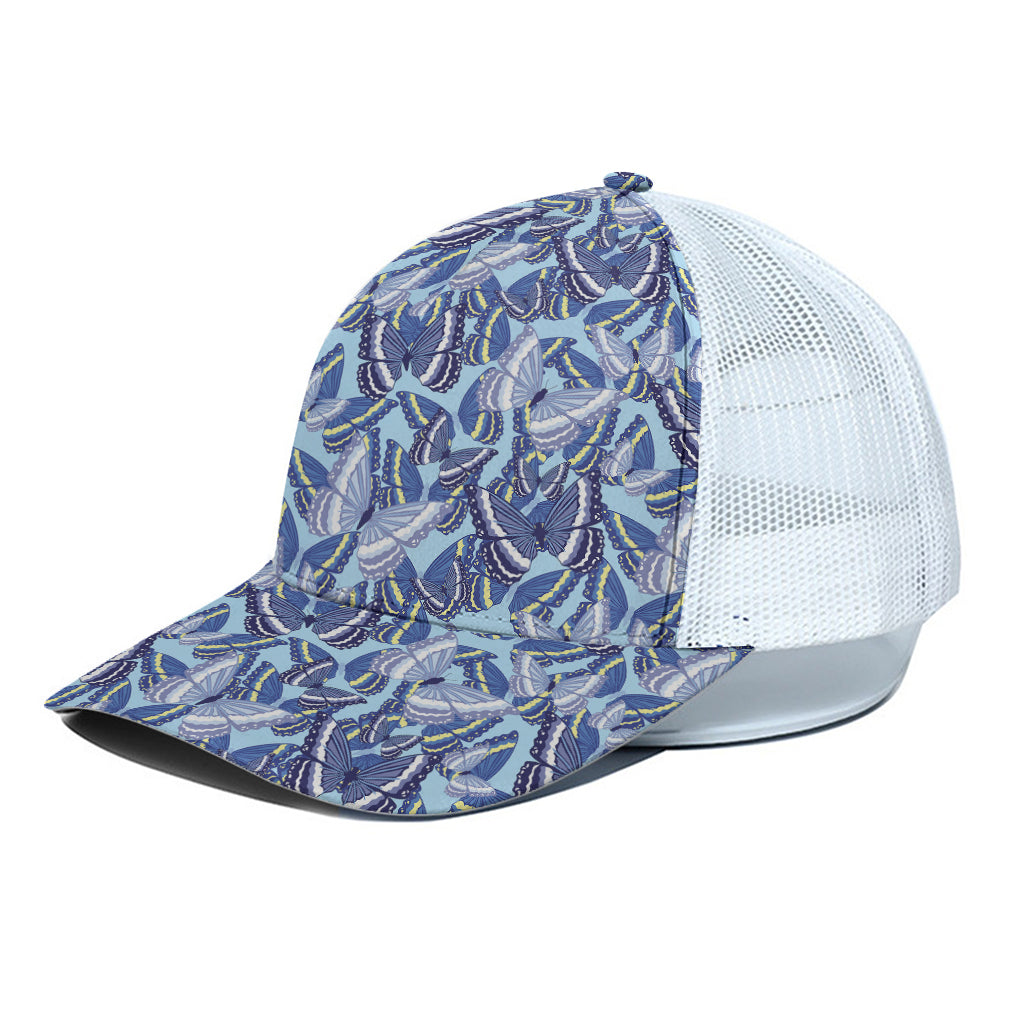 Blue Spring Butterfly Pattern Print White Mesh Trucker Cap