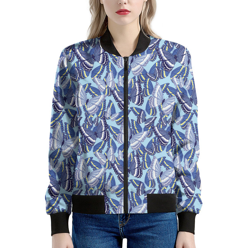 Blue Spring Butterfly Pattern Print Women's Bomber Jacket