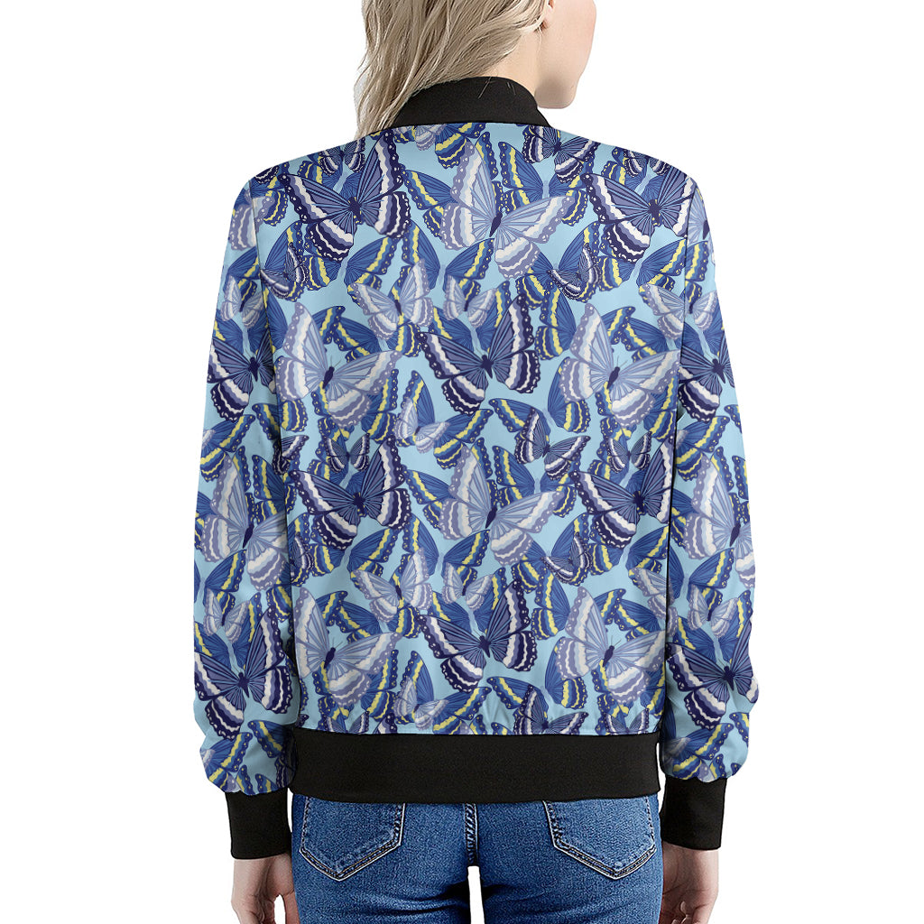 Blue Spring Butterfly Pattern Print Women's Bomber Jacket