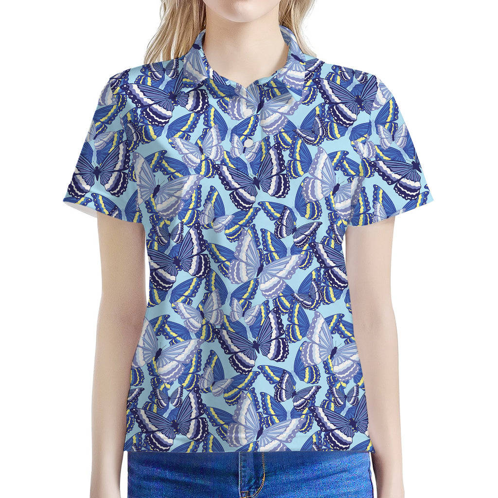 Blue Spring Butterfly Pattern Print Women's Polo Shirt