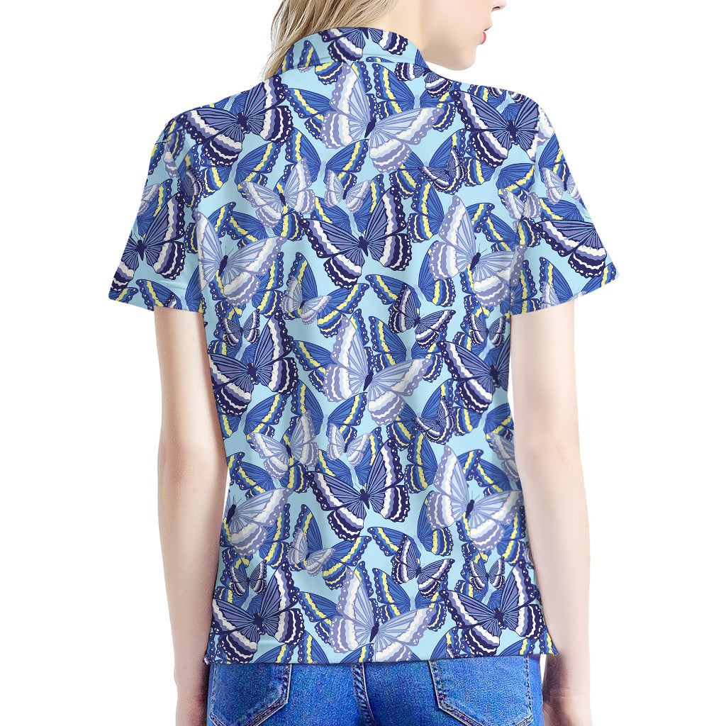 Blue Spring Butterfly Pattern Print Women's Polo Shirt