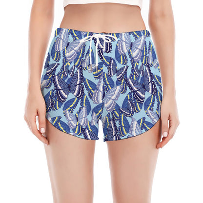 Blue Spring Butterfly Pattern Print Women's Split Running Shorts