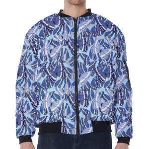 Blue Spring Butterfly Pattern Print Zip Sleeve Bomber Jacket