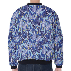 Blue Spring Butterfly Pattern Print Zip Sleeve Bomber Jacket