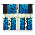 Blue Stained Glass Cross Print 3 Piece Kitchen Curtains