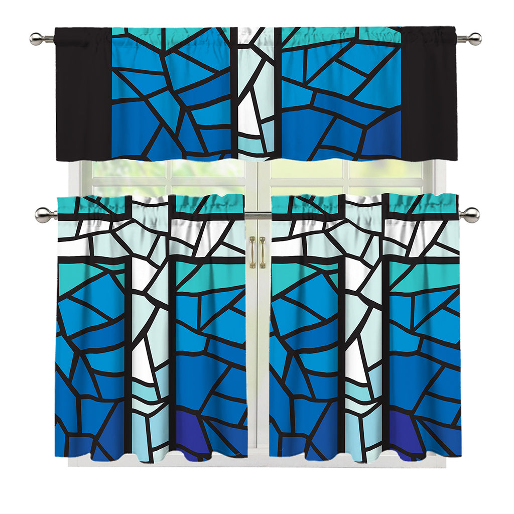 Blue Stained Glass Cross Print 3 Piece Kitchen Curtains