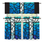 Blue Stained Glass Cross Print 3 Piece Kitchen Curtains