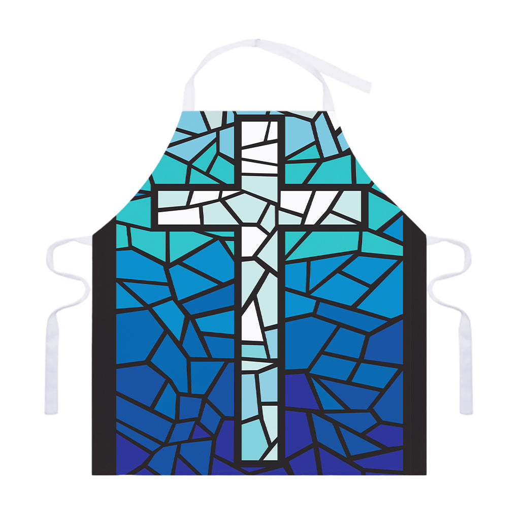 Blue Stained Glass Cross Print Adjustable Apron