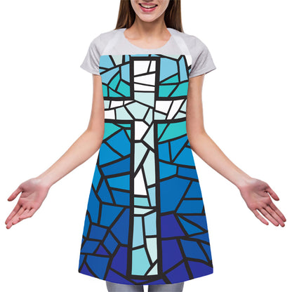 Blue Stained Glass Cross Print Adjustable Apron