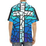 Blue Stained Glass Cross Print Aloha Shirt