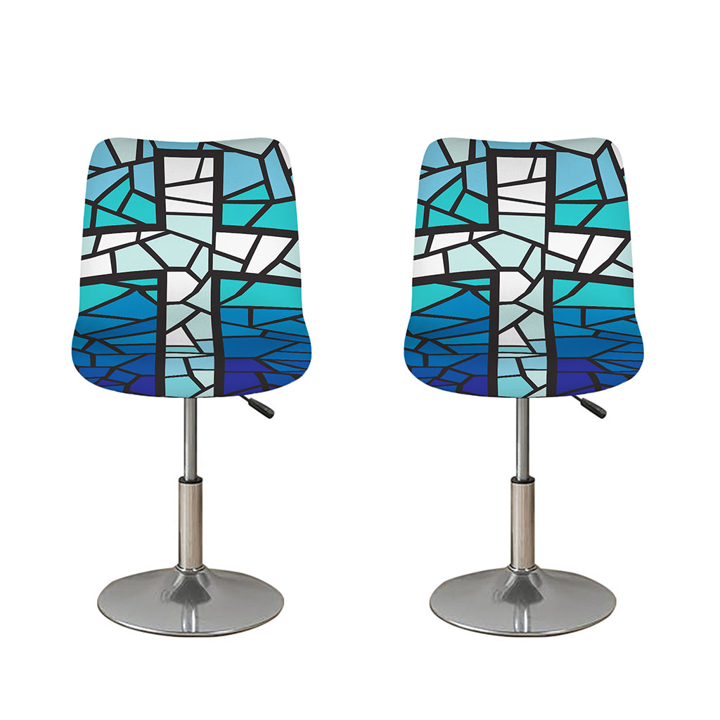 Blue Stained Glass Cross Print Bar Stool Covers