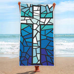 Blue Stained Glass Cross Print Beach Towel