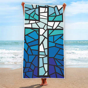 Blue Stained Glass Cross Print Beach Towel