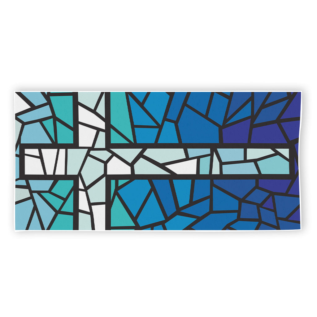 Blue Stained Glass Cross Print Beach Towel