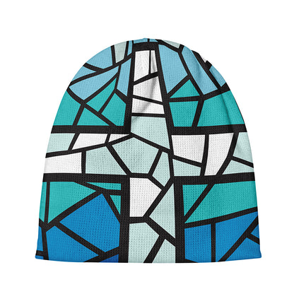 Blue Stained Glass Cross Print Beanie