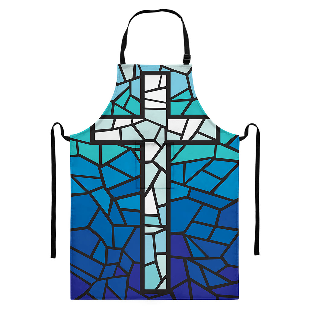 Blue Stained Glass Cross Print Bib Apron With Pocket