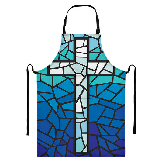 Blue Stained Glass Cross Print Bib Apron With Pocket