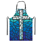 Blue Stained Glass Cross Print Bib Apron With Pocket