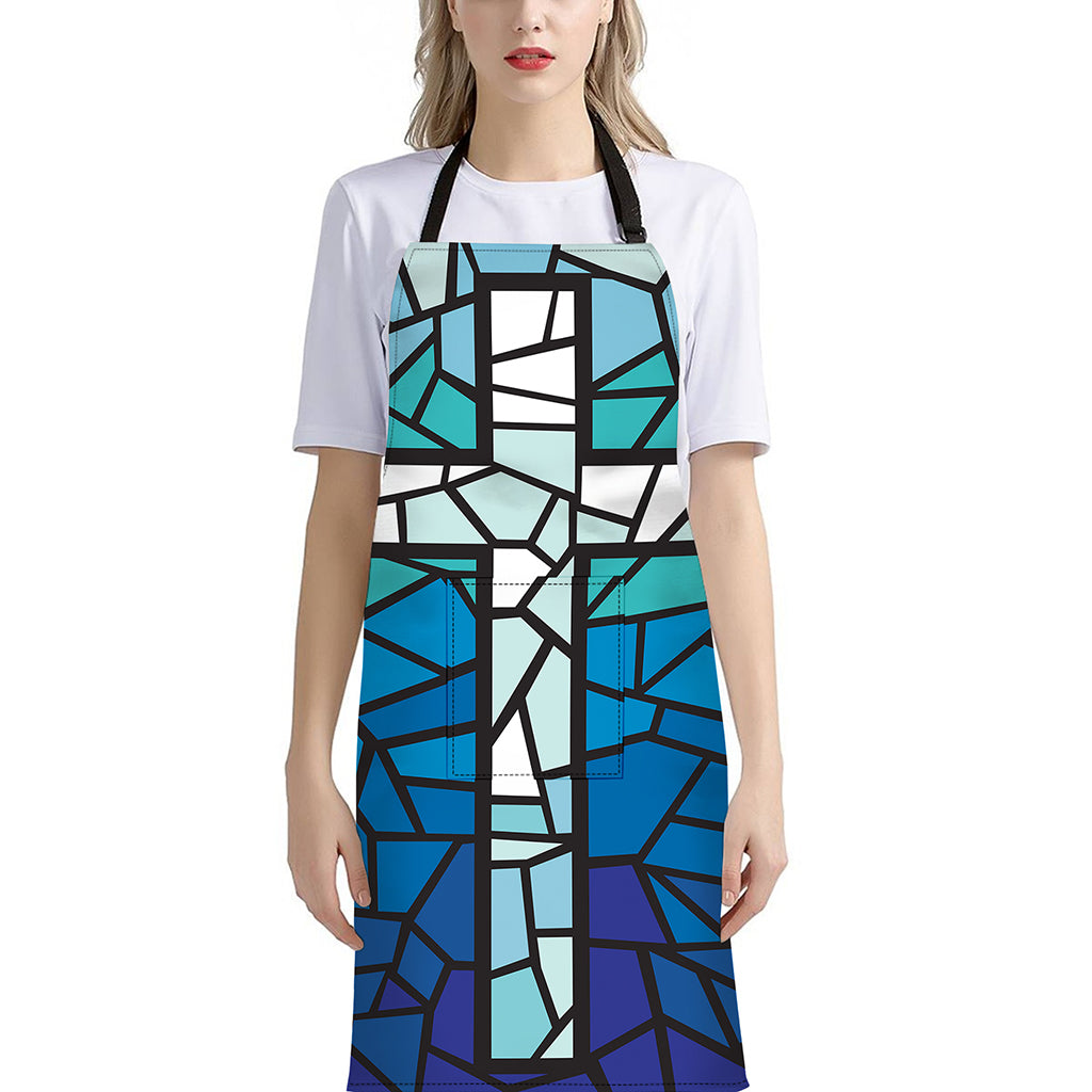 Blue Stained Glass Cross Print Bib Apron With Pocket