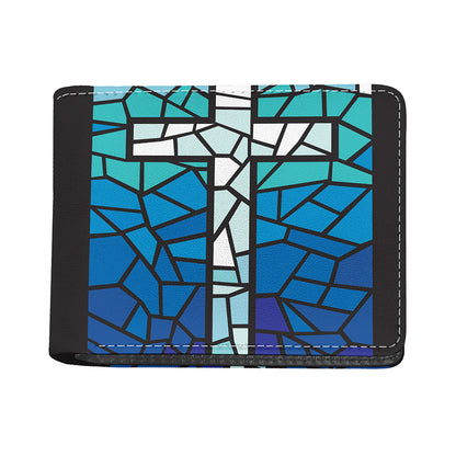 Blue Stained Glass Cross Print Bifold Wallet
