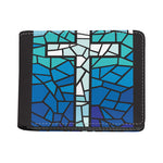 Blue Stained Glass Cross Print Bifold Wallet