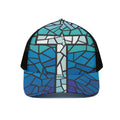 Blue Stained Glass Cross Print Black Mesh Trucker Hat