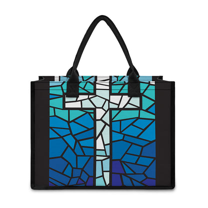 Blue Stained Glass Cross Print Canvas Tote Bag