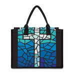 Blue Stained Glass Cross Print Canvas Tote Bag