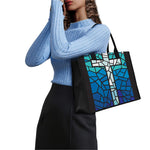 Blue Stained Glass Cross Print Canvas Tote Bag