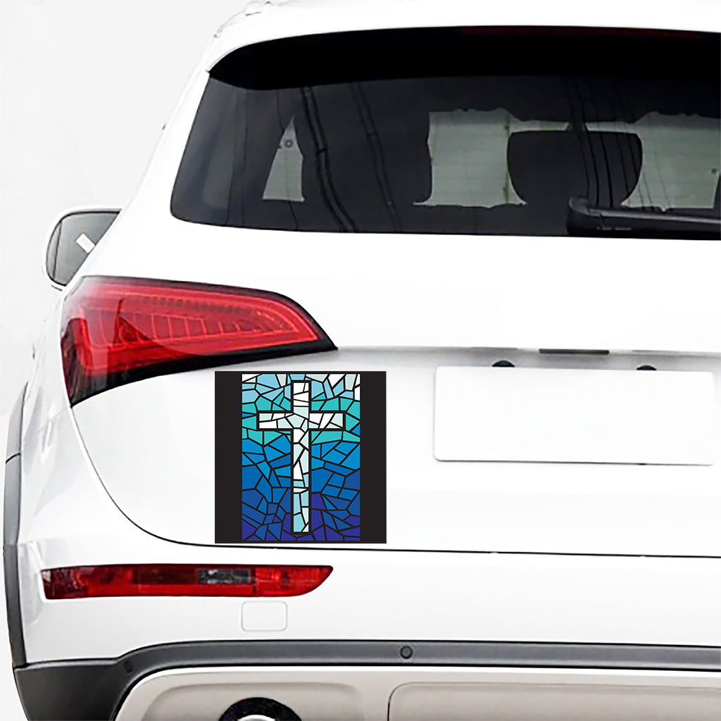 Blue Stained Glass Cross Print Car Sticker