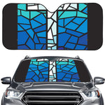 Blue Stained Glass Cross Print Car Windshield Sun Shade
