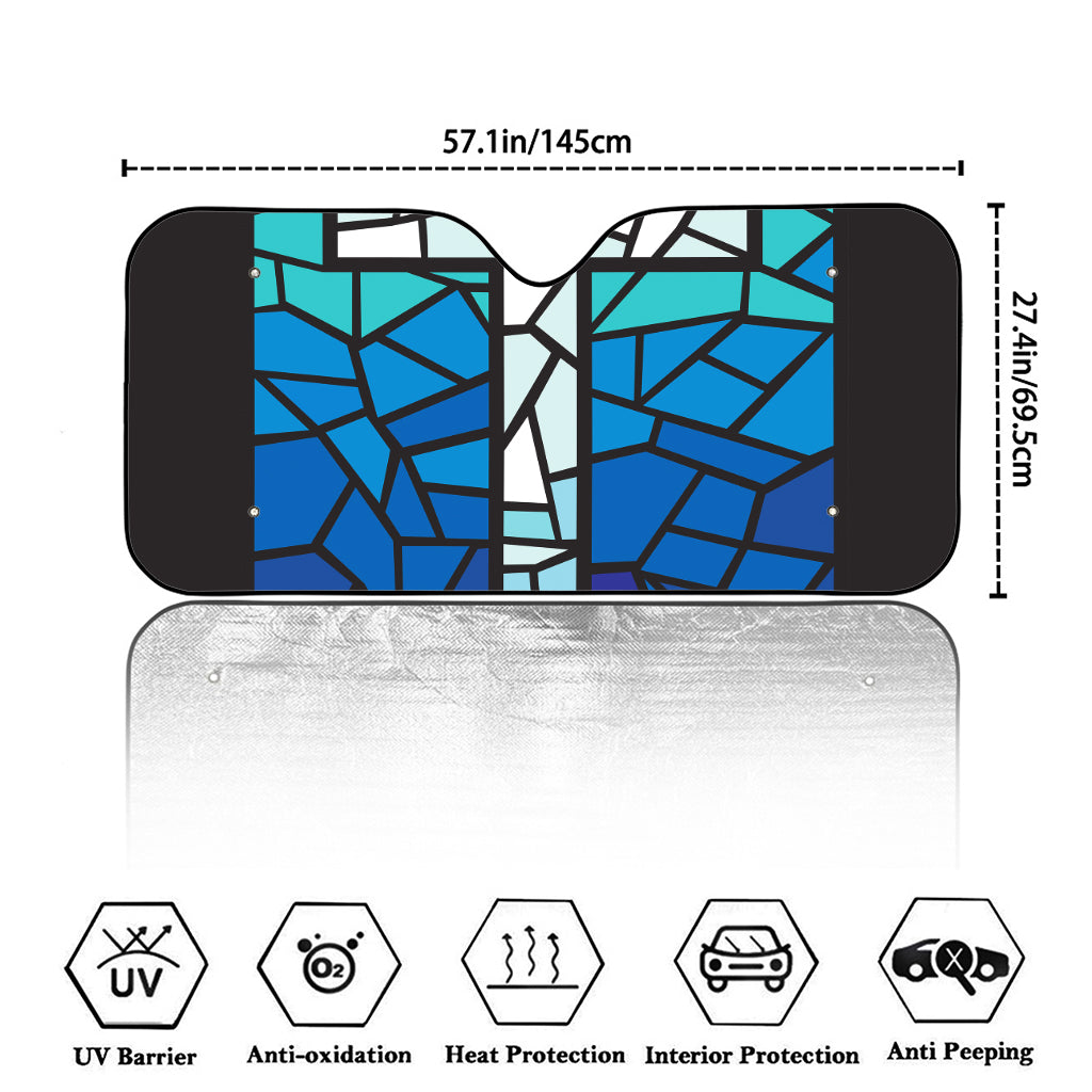 Blue Stained Glass Cross Print Car Windshield Sun Shade