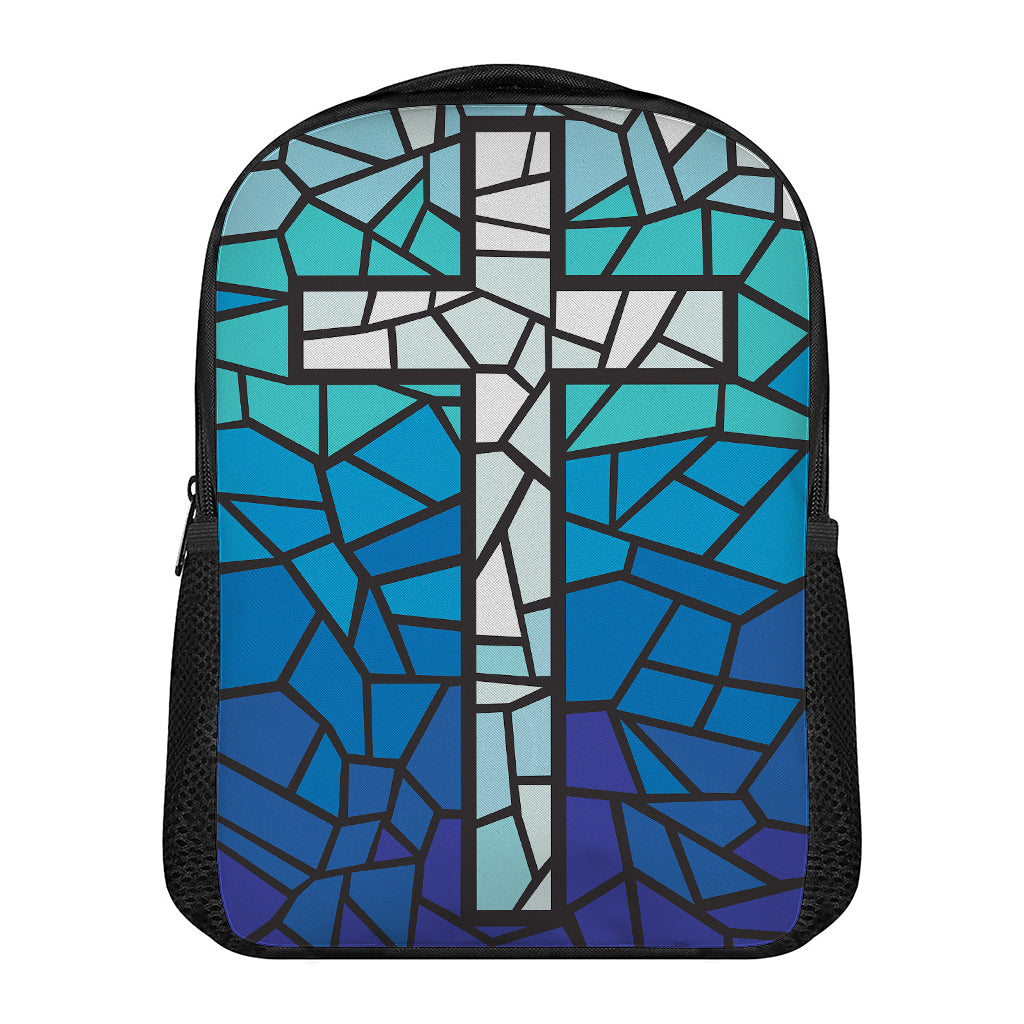 Blue Stained Glass Cross Print Casual Backpack