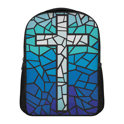 Blue Stained Glass Cross Print Casual Backpack