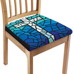 Blue Stained Glass Cross Print Chair Cushion Cover
