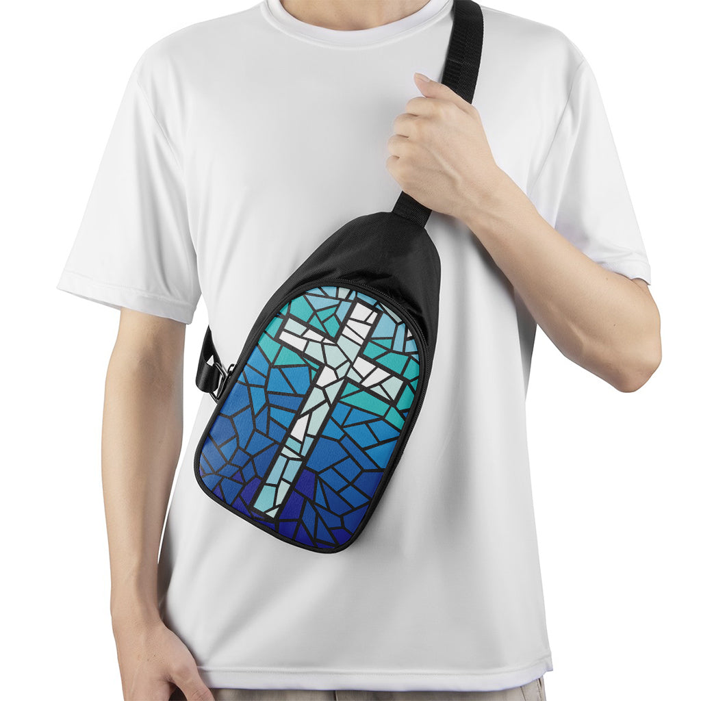 Blue Stained Glass Cross Print Chest Bag