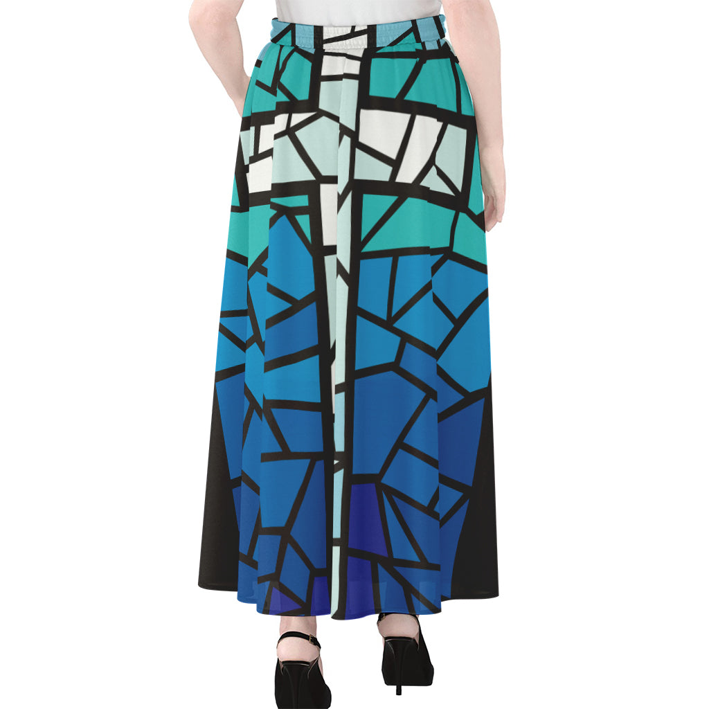 Blue Stained Glass Cross Print Chiffon Maxi Skirt