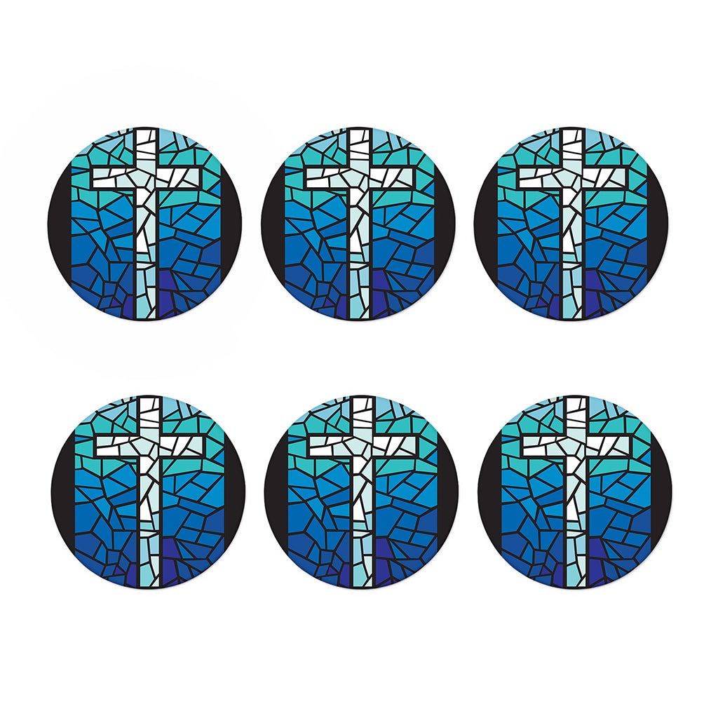 Blue Stained Glass Cross Print Coaster Set