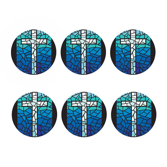 Blue Stained Glass Cross Print Coaster Set