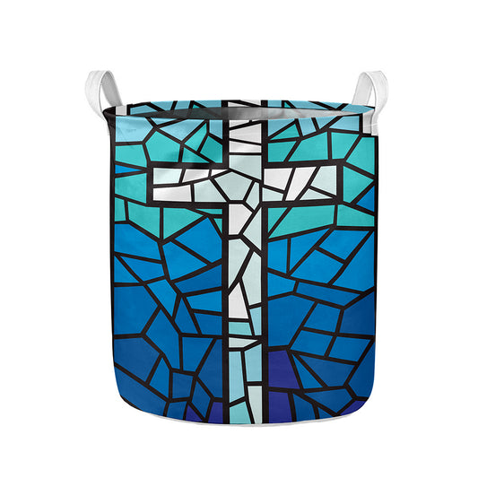 Blue Stained Glass Cross Print Collapsible Laundry Basket