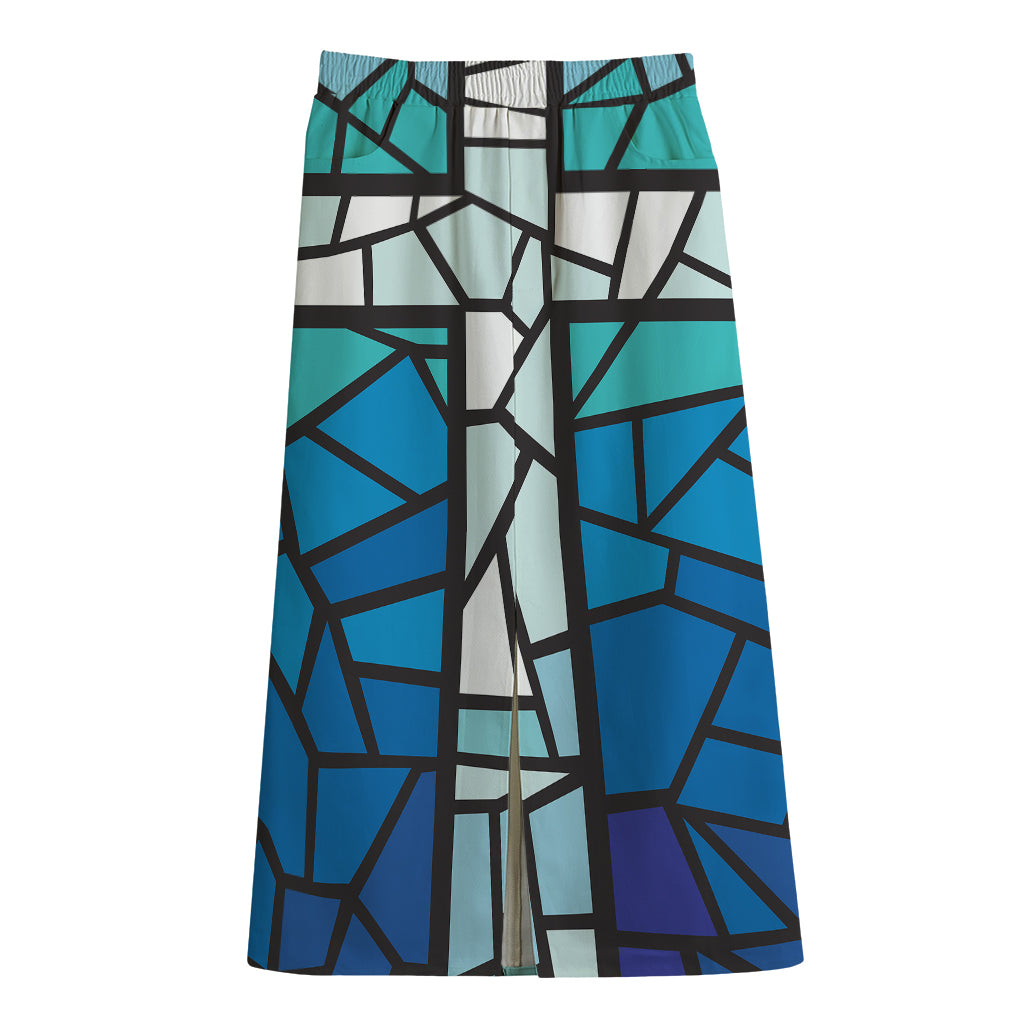 Blue Stained Glass Cross Print Cotton Front Slit Maxi Skirt