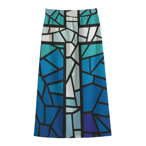 Blue Stained Glass Cross Print Cotton Front Slit Maxi Skirt