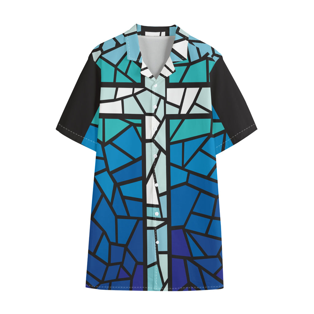 Blue Stained Glass Cross Print Cotton Hawaiian Shirt