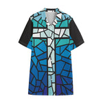 Blue Stained Glass Cross Print Cotton Hawaiian Shirt