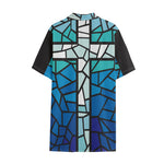 Blue Stained Glass Cross Print Cotton Hawaiian Shirt